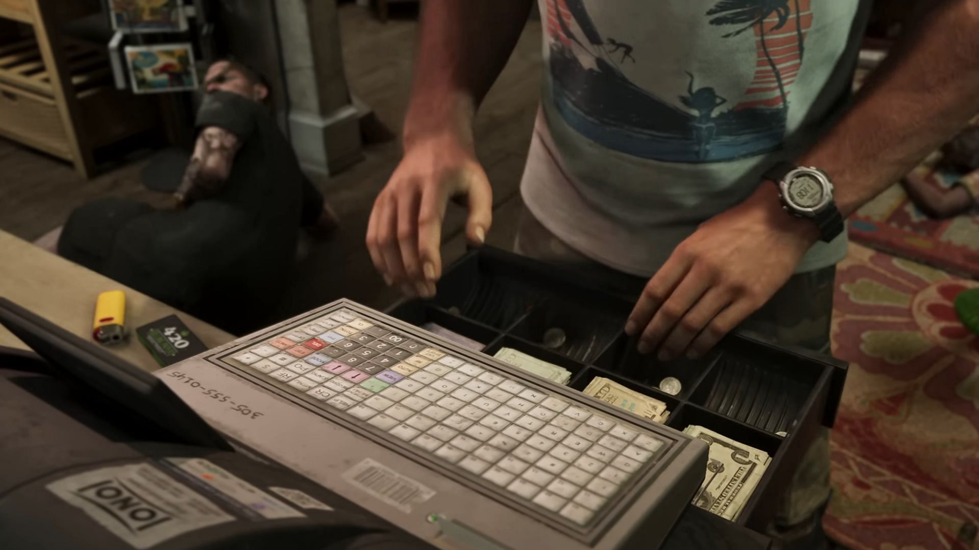 Jason robbing a cash register (Image via Rockstar Games)